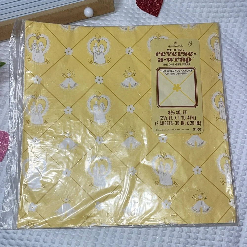 VINTAGE HALLMARK wedding BRIDAL SHOWER GIFT WRAP NOS 2 SHEETS 8.33 SQ FT YELLOW.